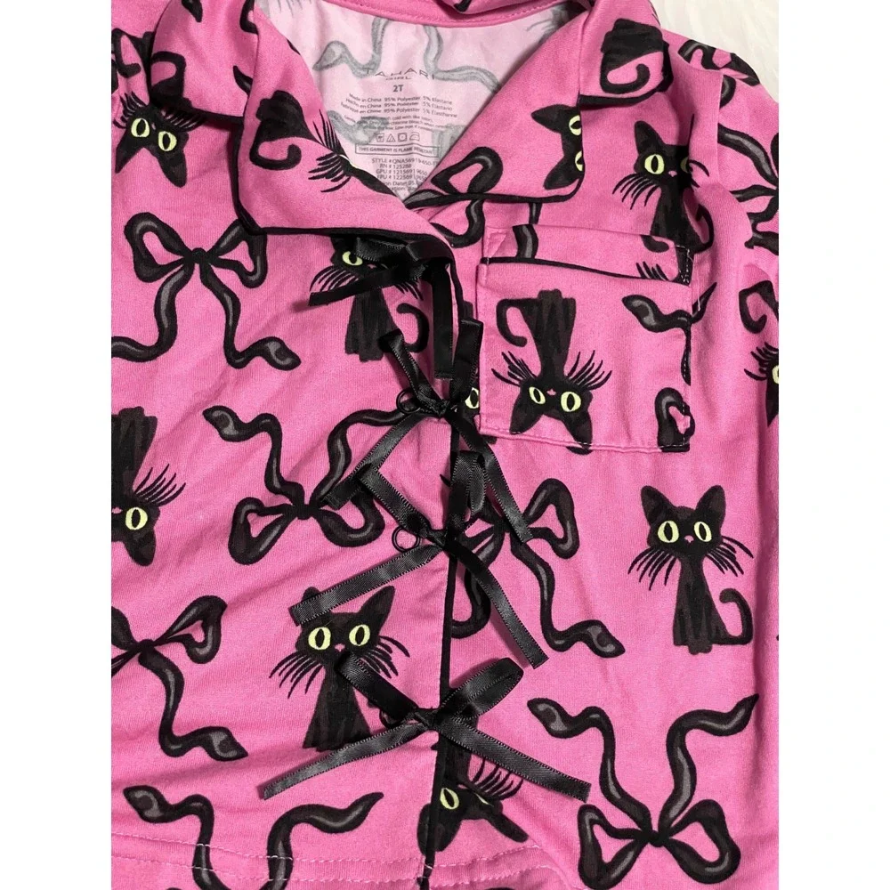 Pink Tahari Girl Toddler Pajama Set Black Cat Ribbon Bow With Bow Ties Down 2T